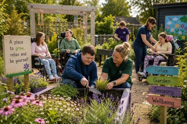 People enjoying a sensory garden with accessible paths